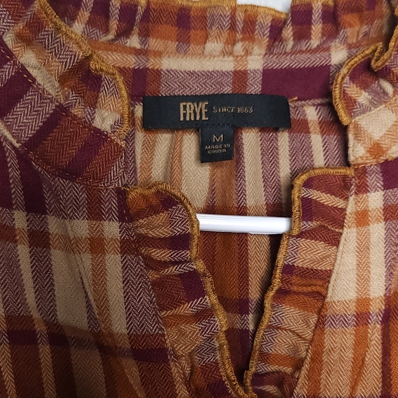Frye• Ruffle orange/brown flacket button-down plaid shirt. Sz M - Picture 11 of 14